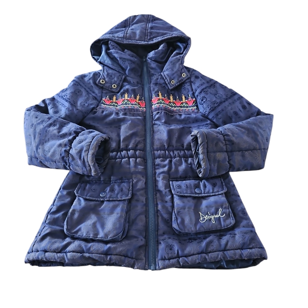 Desigual Size 11 / 12 Blue Girl's Mid-Season Jacket with Embroidered Design